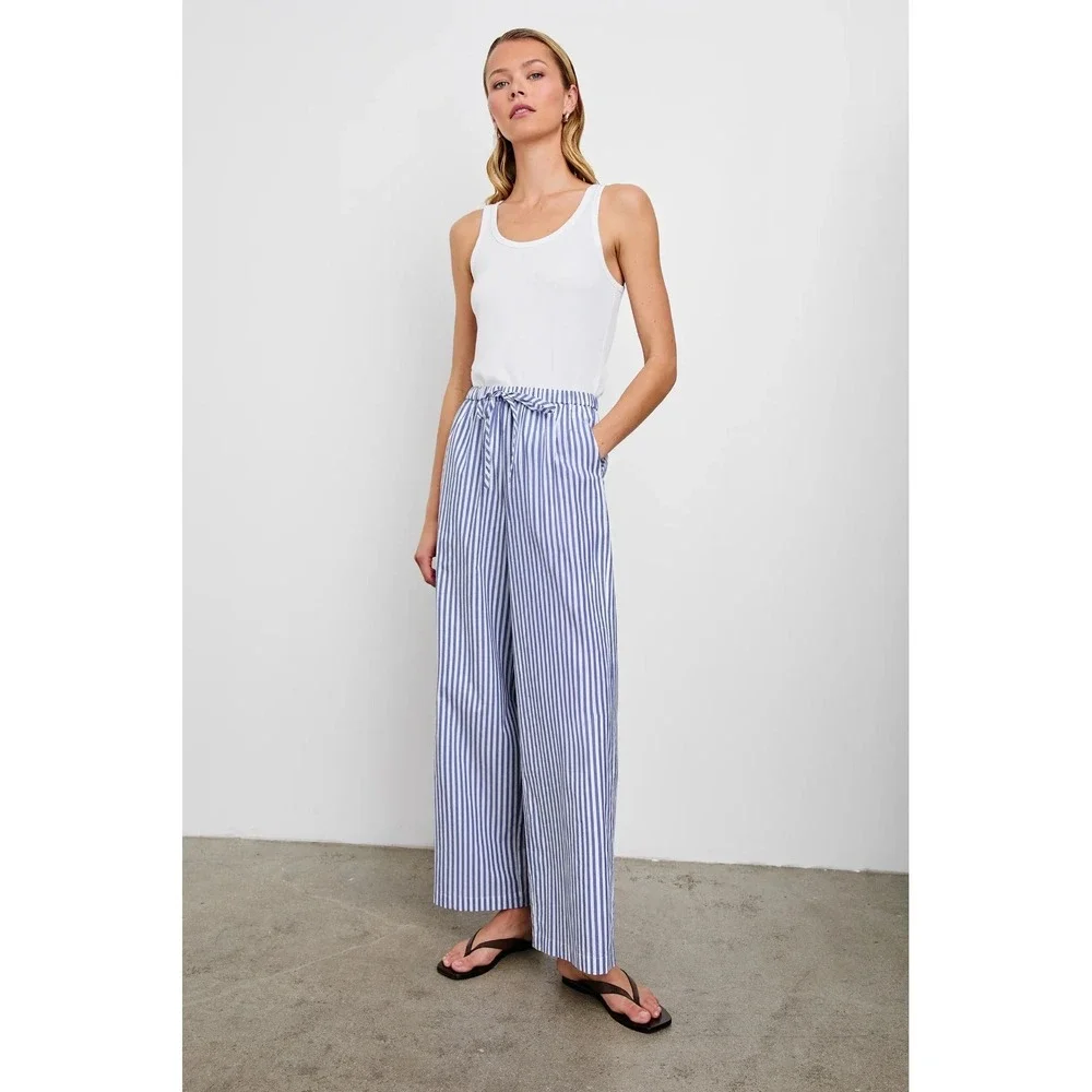 Rails Emmie Blue White 100% Cotton Wide Legs Pants M wide-leg high-rise Light